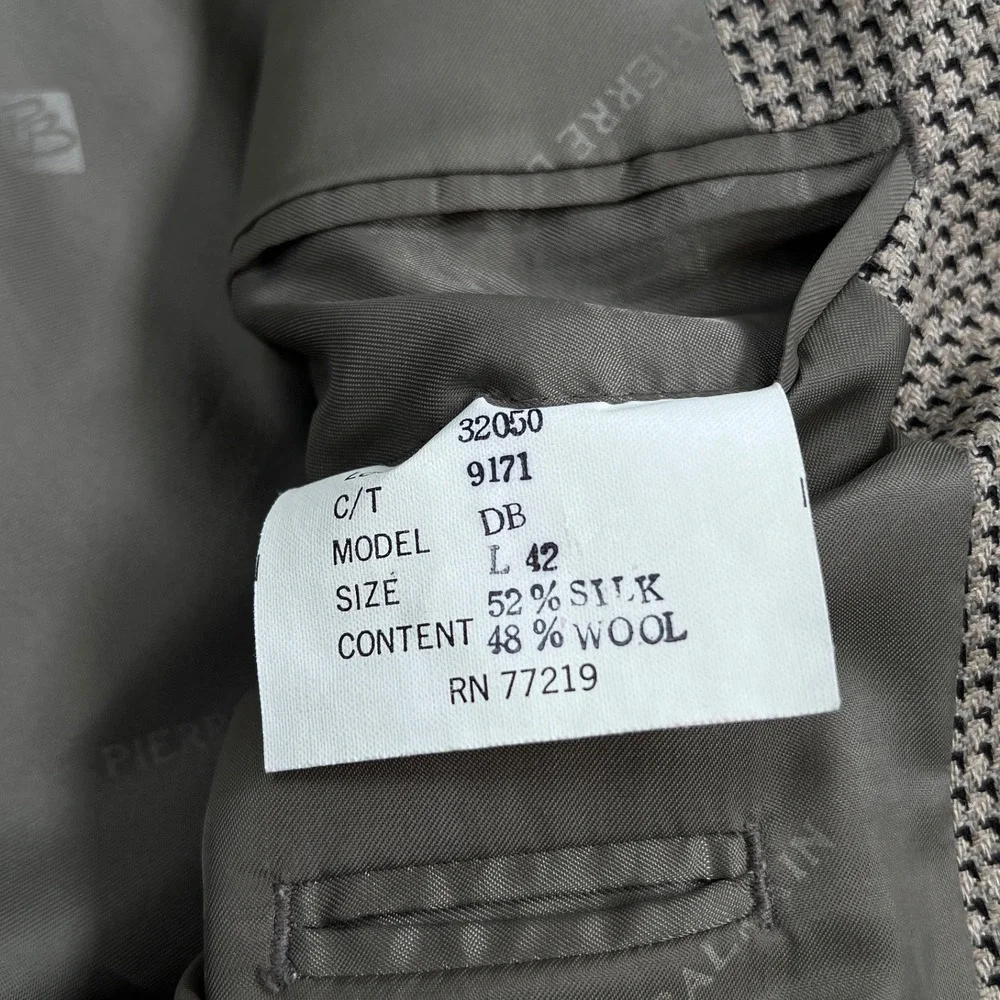 Pierre Balmain Blazer Men 44L Tan Taupe Weave Abstract Silk Wool Double Breasted